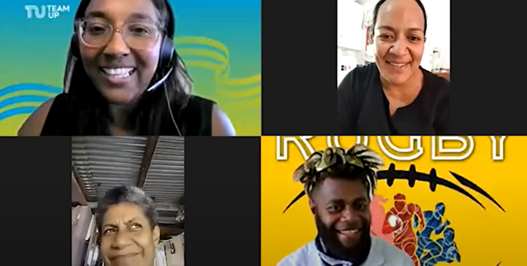 Four people speaking on a video call
