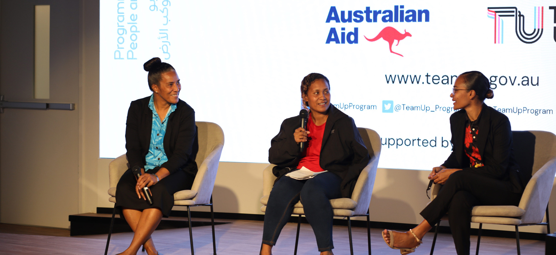 Pacific sportswomen speaking at a panel discussion