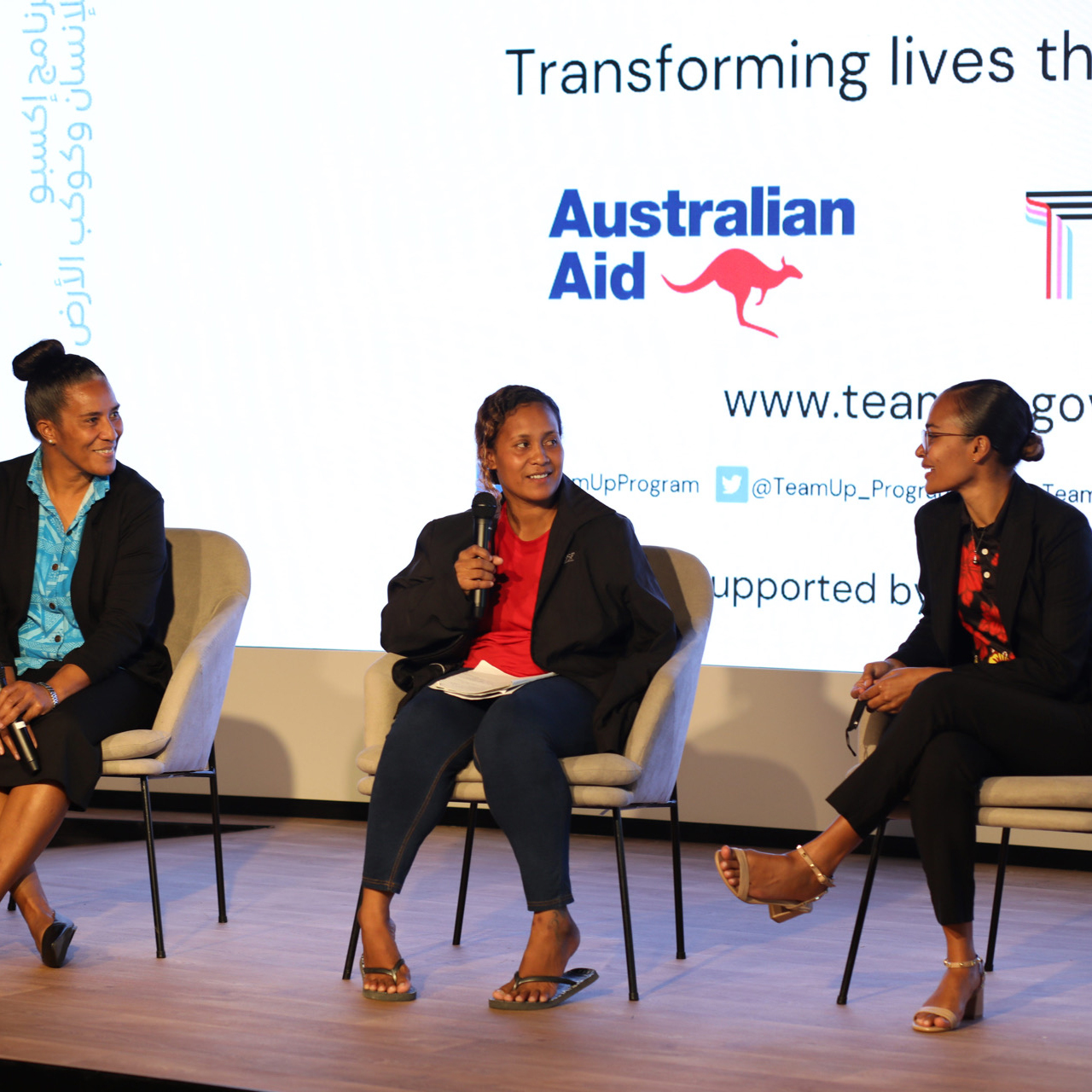 Pacific sportswomen speaking at a panel discussion