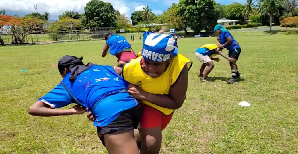 Girls in Fiji playing rugby union