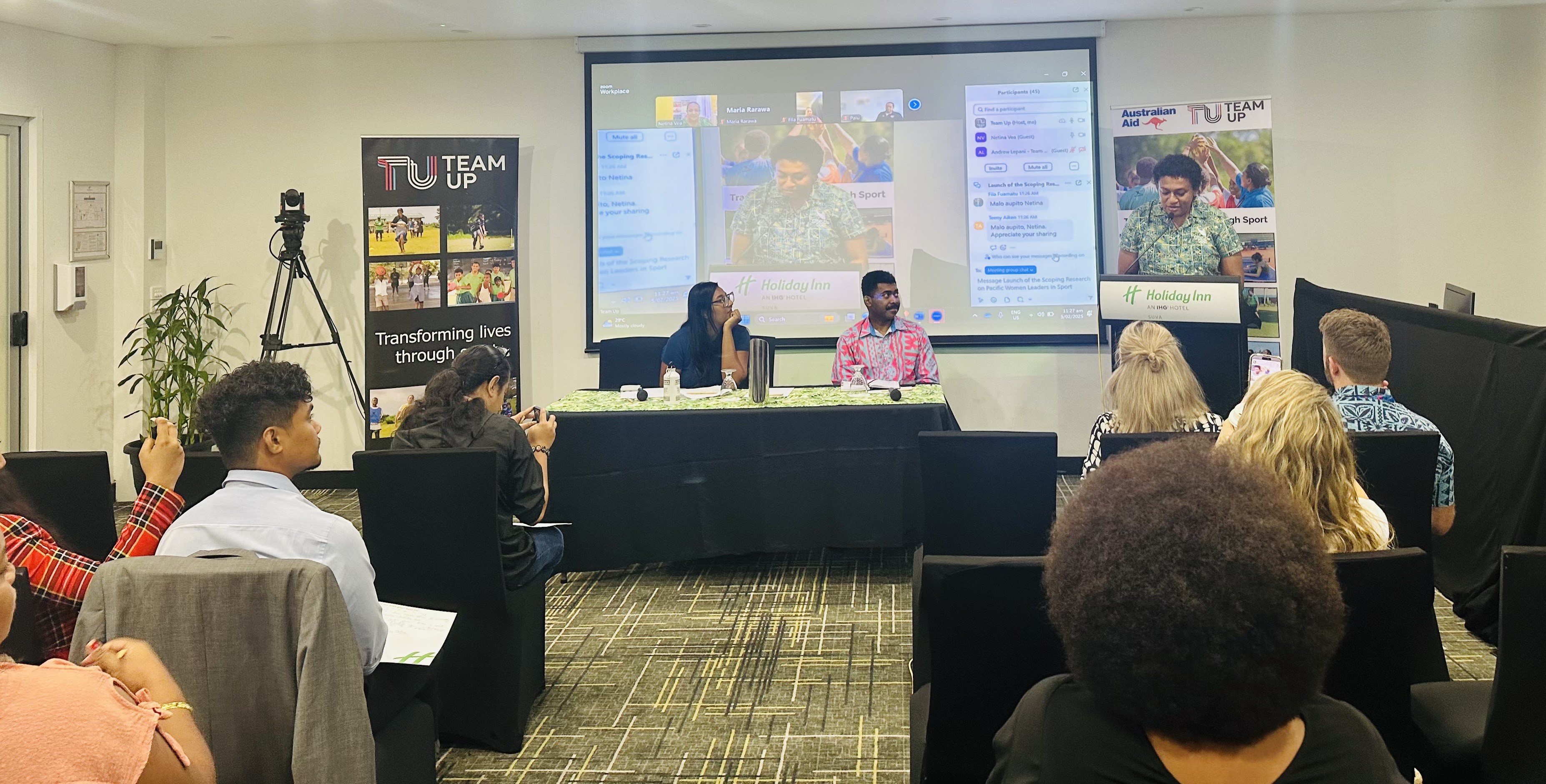 Hybrid launch event with participants both in the room and online